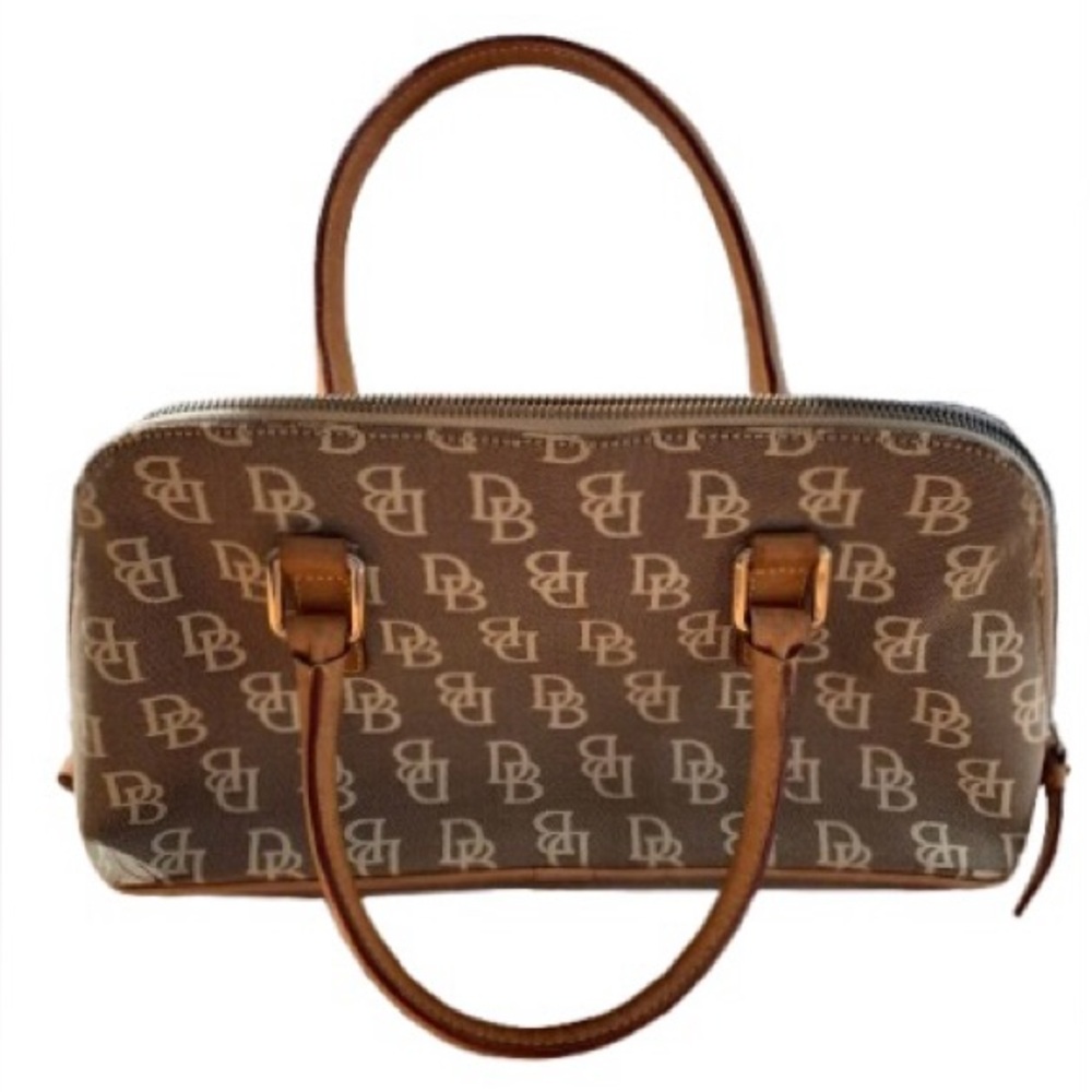 DOONEY & BOURKE Small Domed Pocket Satchel Bag Tan Logo Canvas Leather Trim - Picture 2 of 16